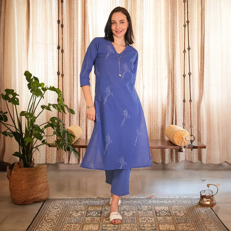 Cotton Printed Kurta Set For Women | Kurta & Pant | V Neck | Blue