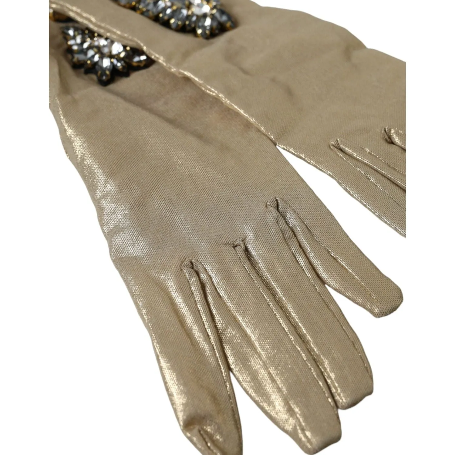 Dolce & Gabbana Beige Satin Crystal Elbow Length Gloves