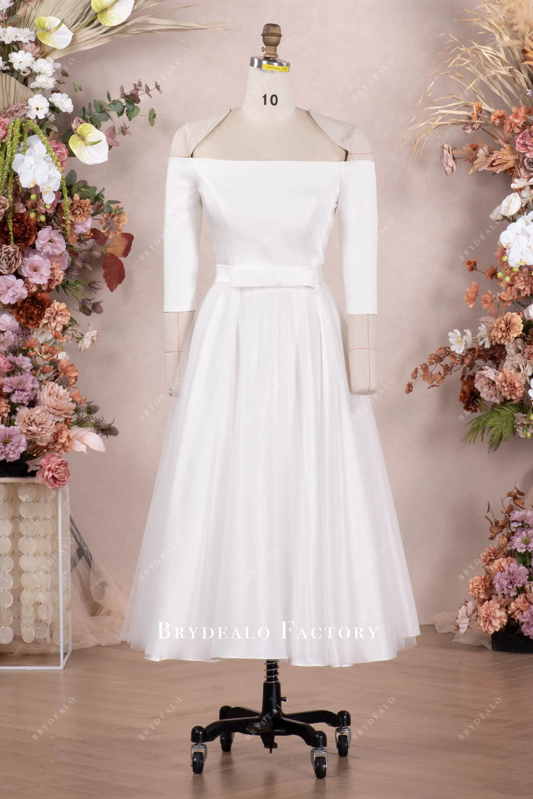 Elegant 3/4 Sleeve Tea-Length Wedding Dress With Tulle Overskirt