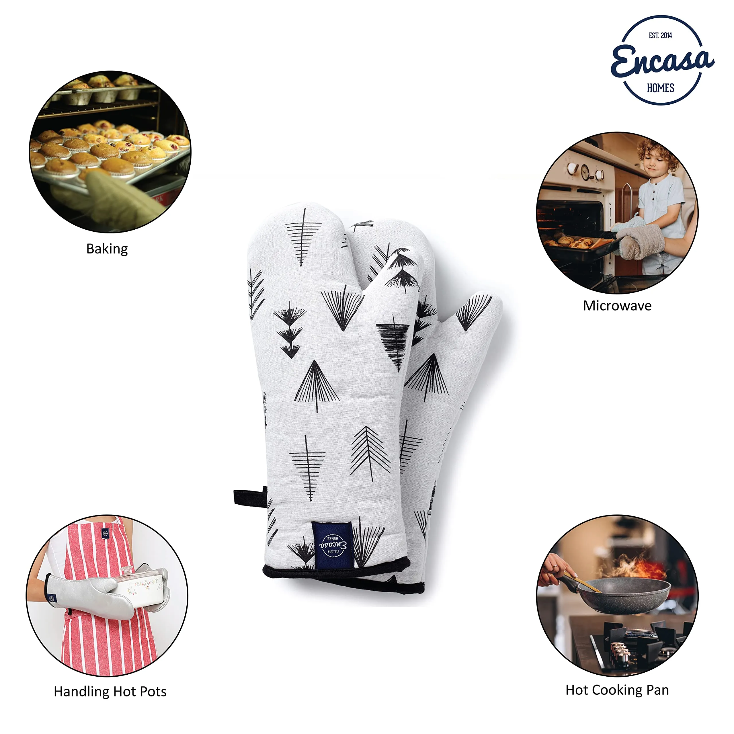 Encasa Homes Extra Long 35 cm Microwave Oven Gloves Mitts (2 pcs) for Kitchen Cooking - Black Arrow - Heat Resistant, Thick & Safe, Protection of Hands from Hot Utensils, Gas Flame, Grill, Barbecue