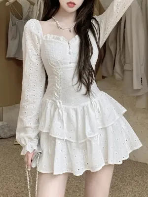 Eyelet Embroidered Flare Sleeve White Lace Layer Ruffle Dress