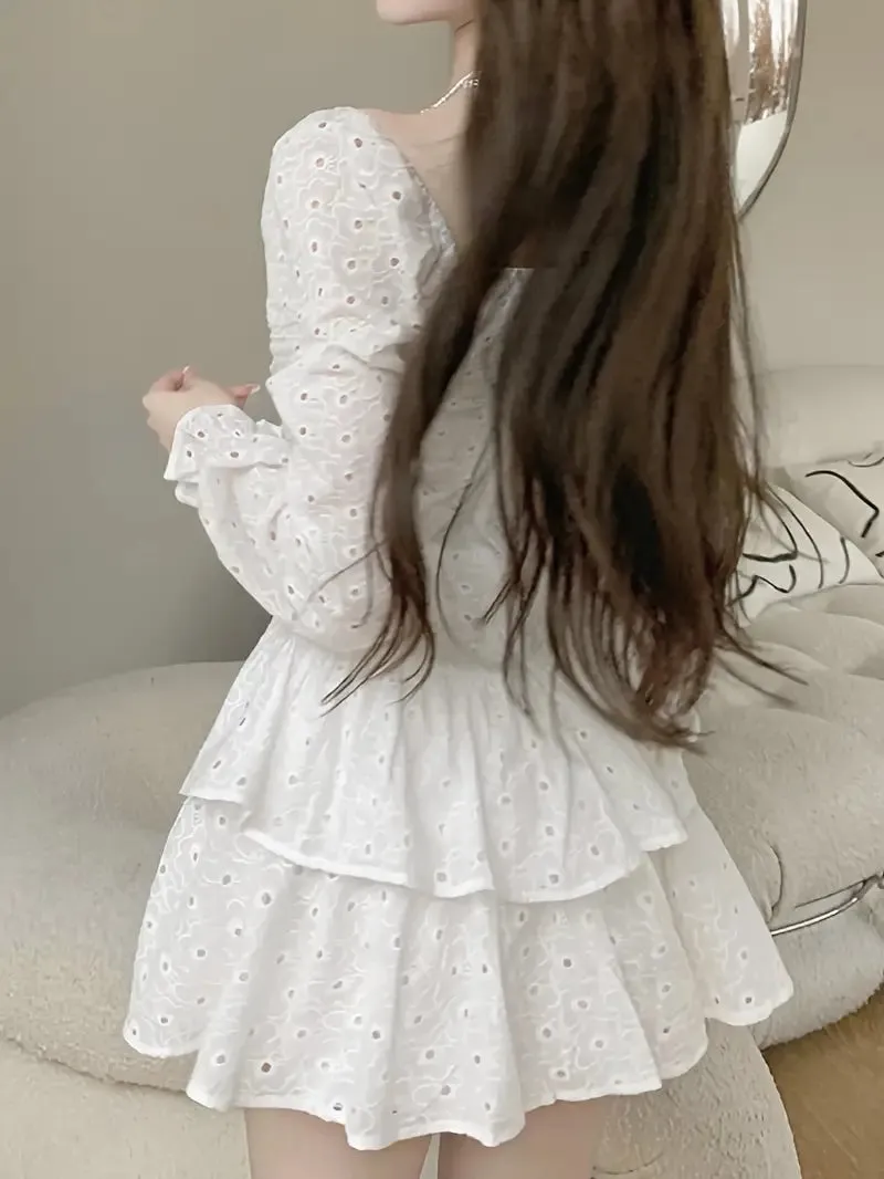 Eyelet Embroidered Flare Sleeve White Lace Layer Ruffle Dress