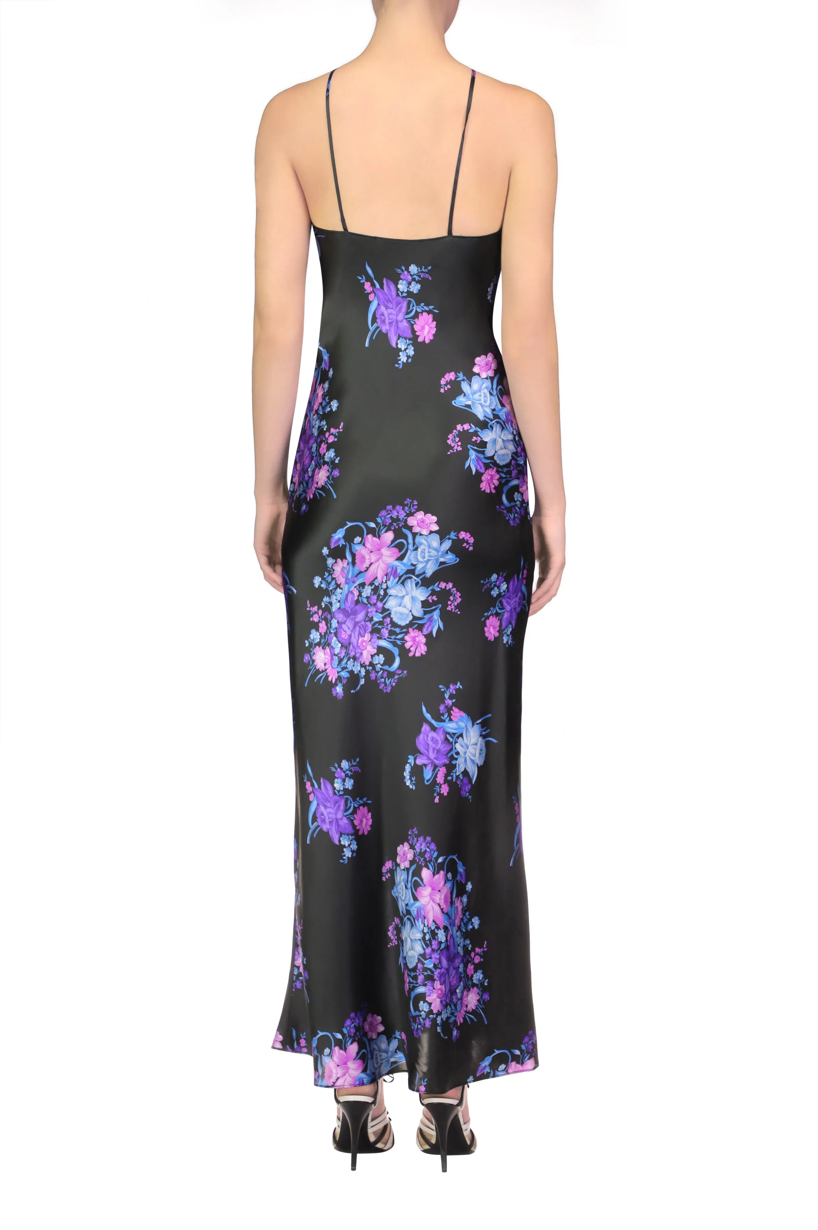 Floral Printed Silk Satin Bias Halter Dress With Ruched Bust And Silk Flower Detail