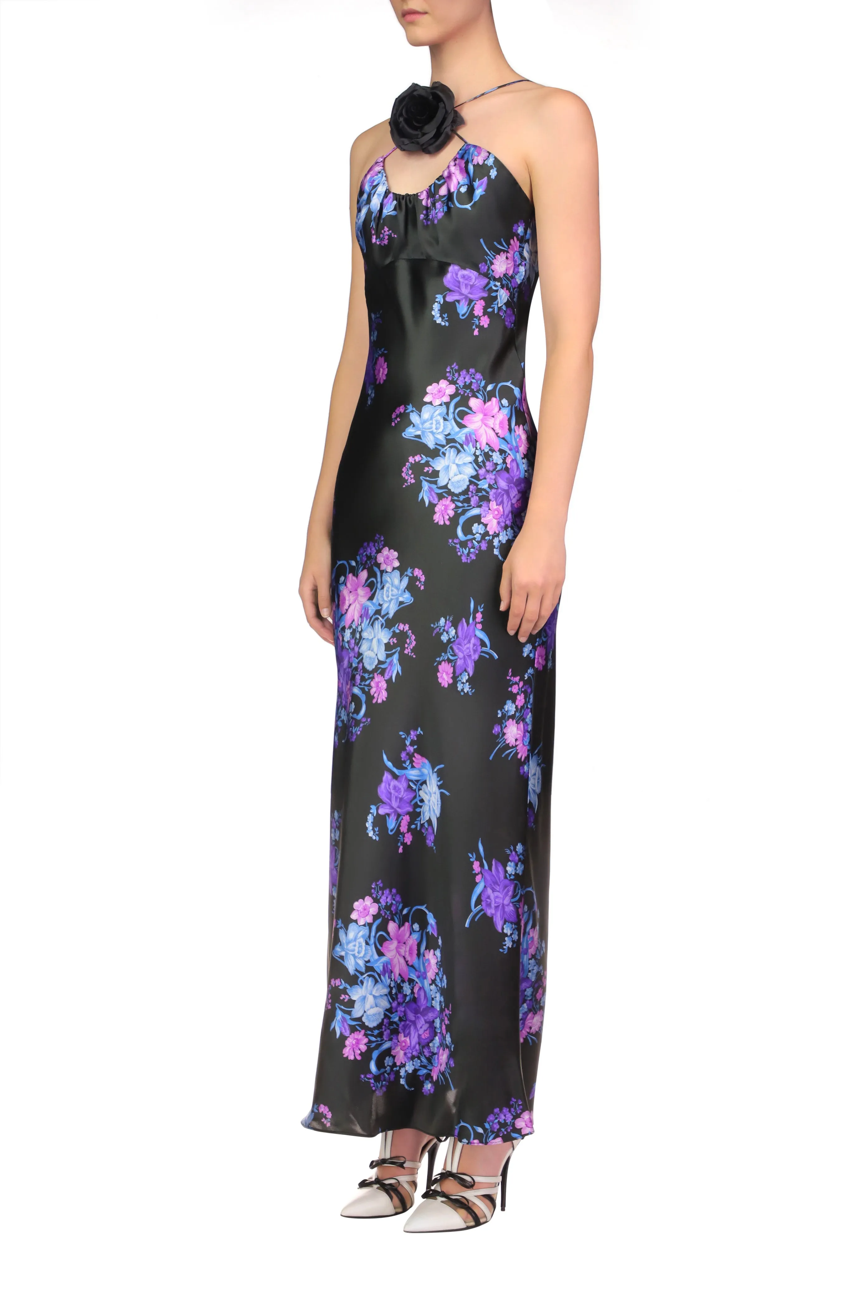 Floral Printed Silk Satin Bias Halter Dress With Ruched Bust And Silk Flower Detail