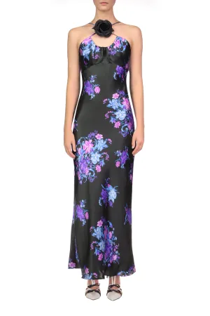 Floral Printed Silk Satin Bias Halter Dress With Ruched Bust And Silk Flower Detail