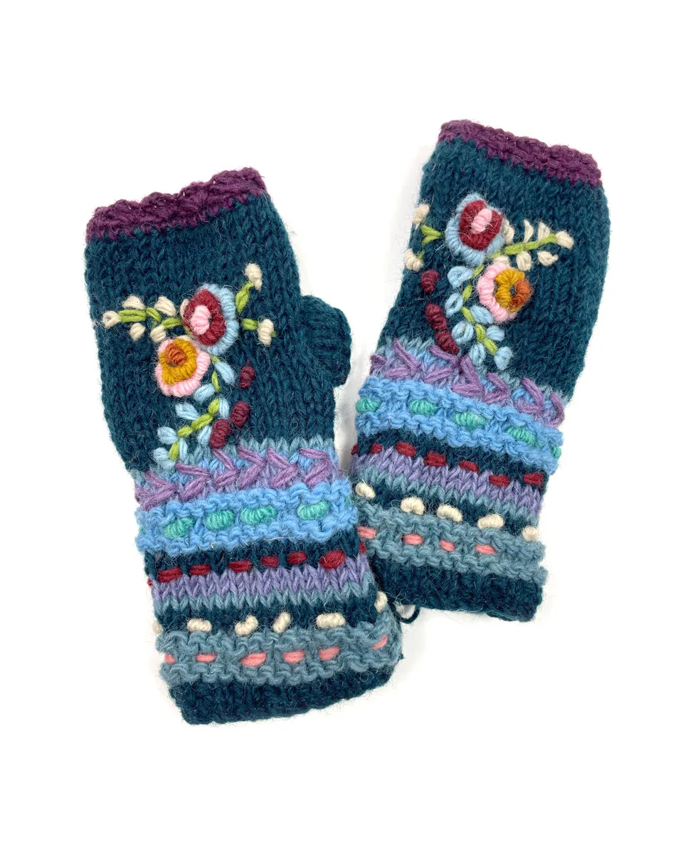 Flower Embroidered Fingerless Gloves