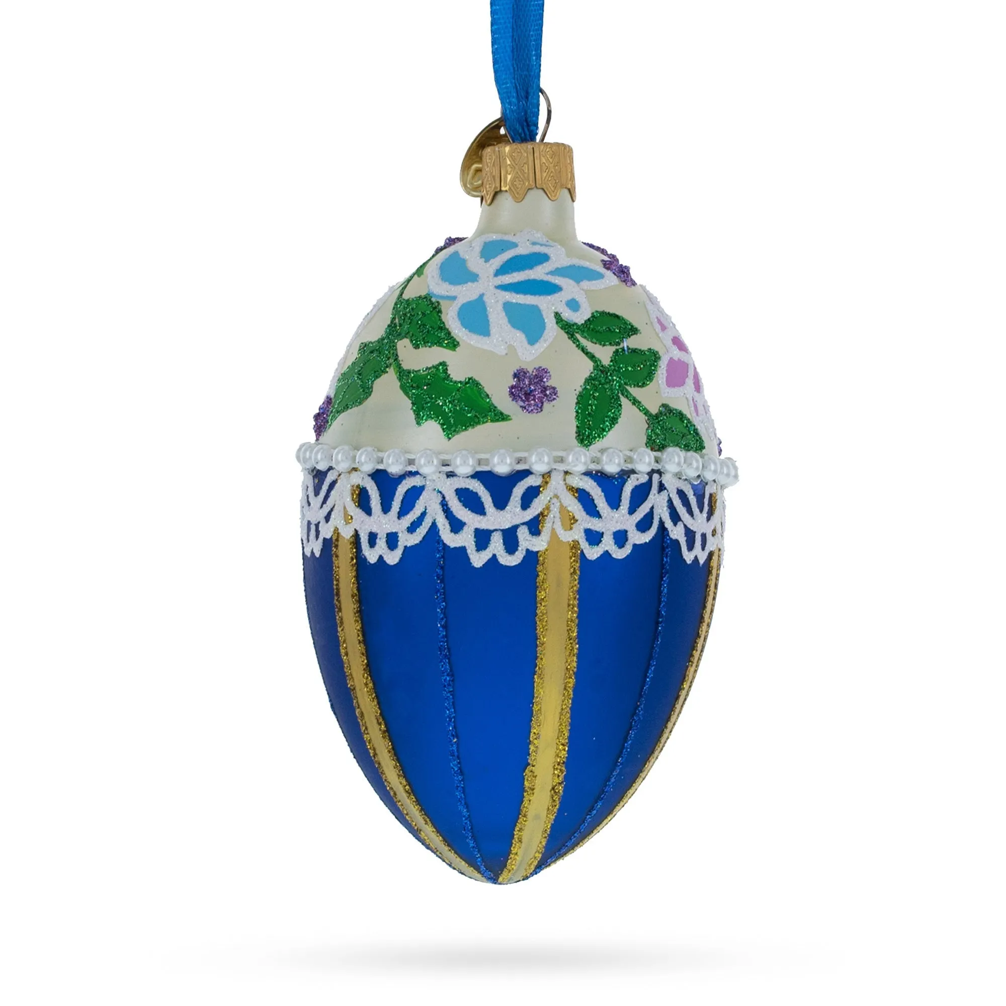 Flowers On Beige And Blue Glass Egg Christmas Ornament 4 Inches