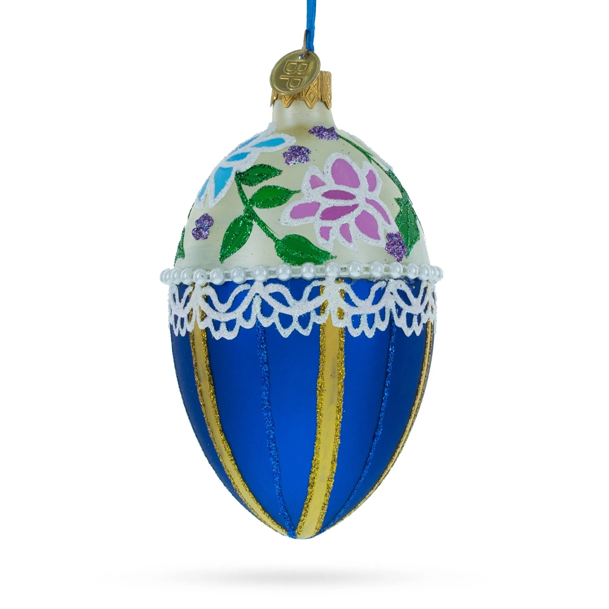 Flowers On Beige And Blue Glass Egg Christmas Ornament 4 Inches