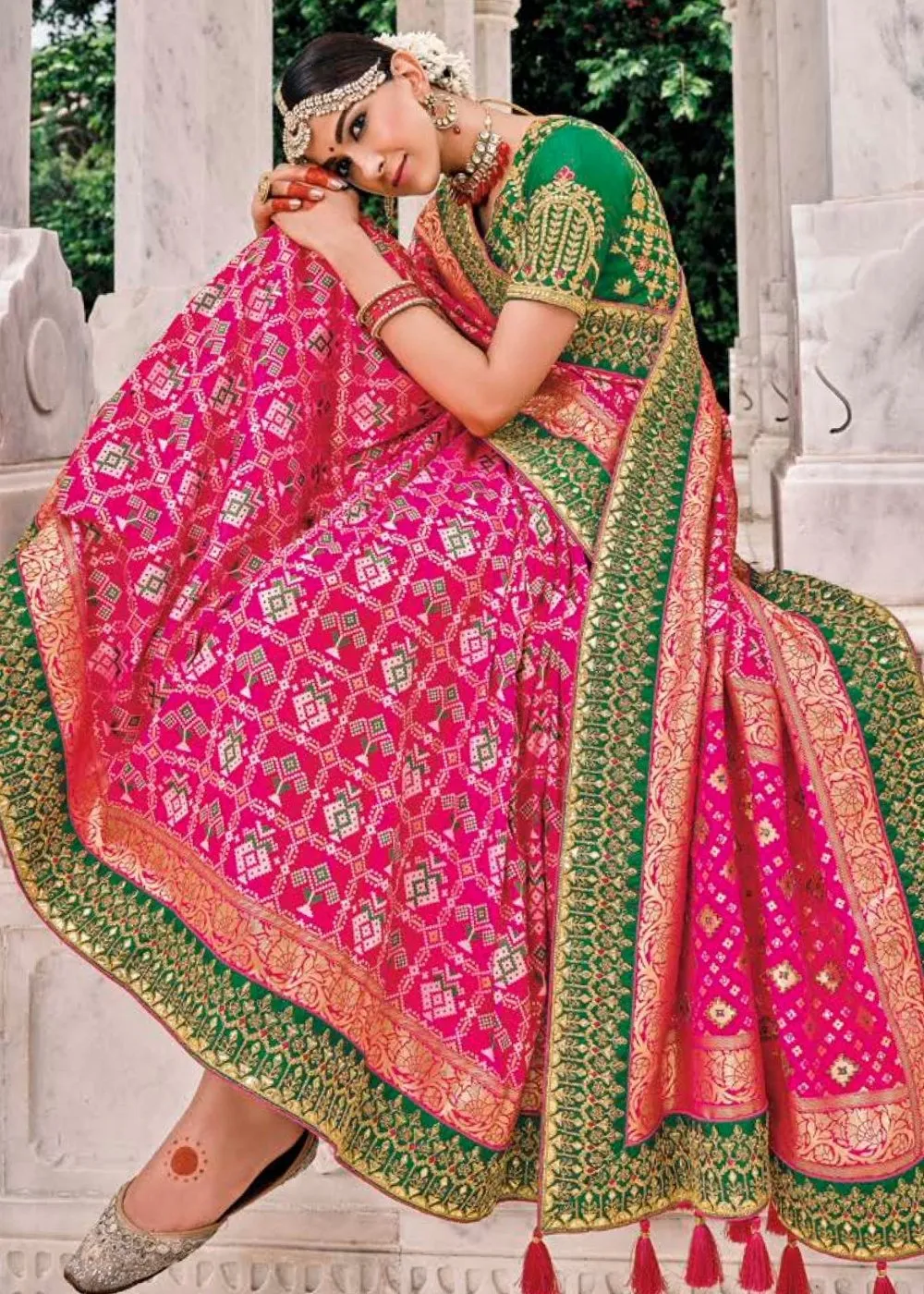 Fuscia Pink Patan Patola Silk Saree with Embroidered Blouse