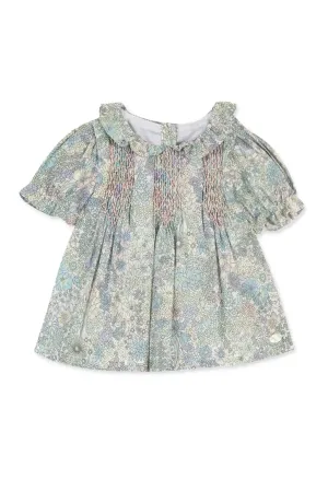 Girl's green Liberty print blouse and green linen bloomer set