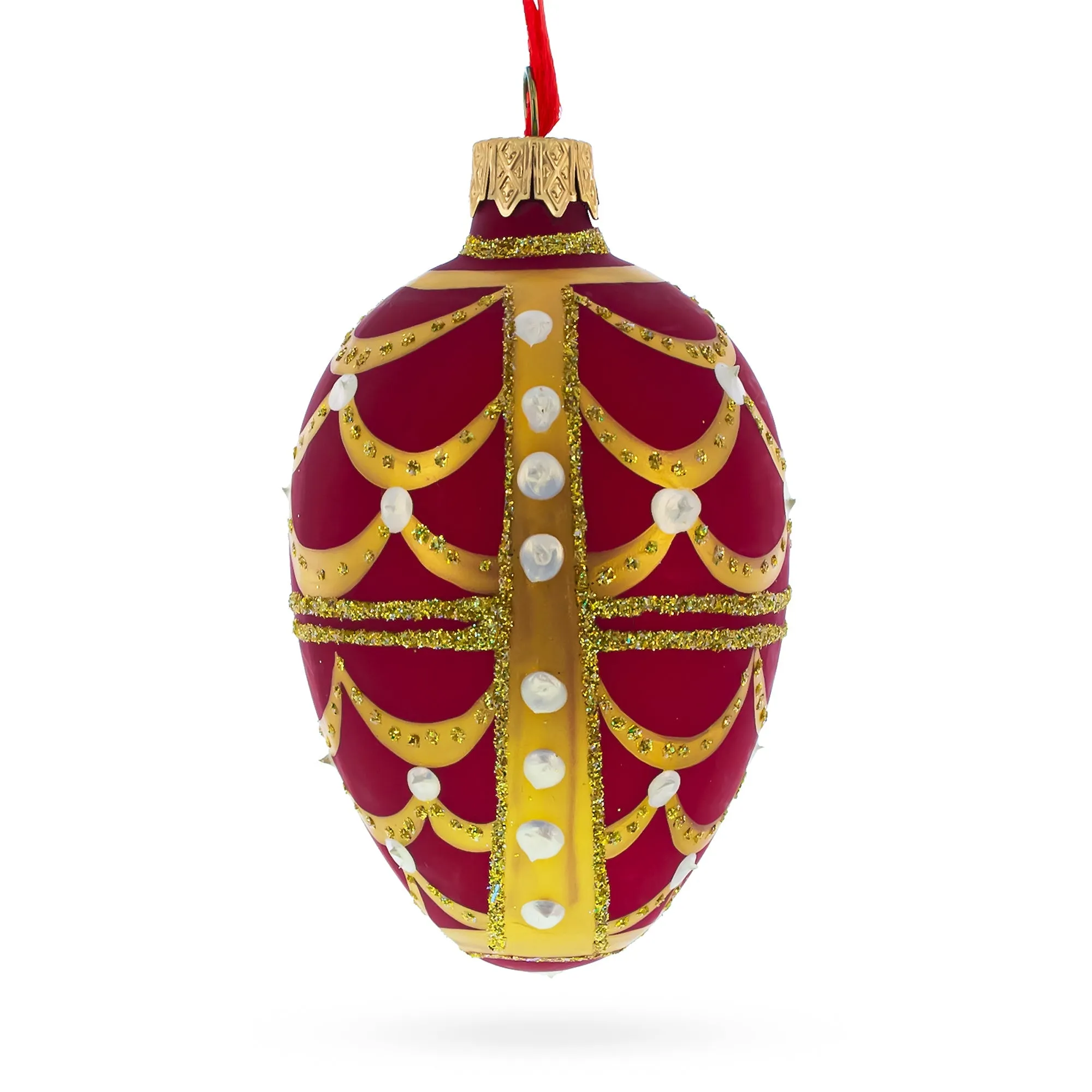 Gold Arches On Red Egg Glass Ornament 4 Inches