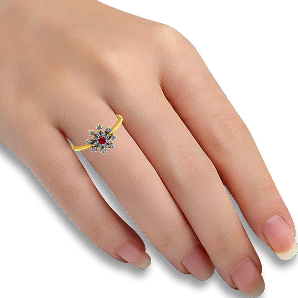 Gorgeous 14k Gold And Diamond Ring From Women Adorned With Red Gemstone