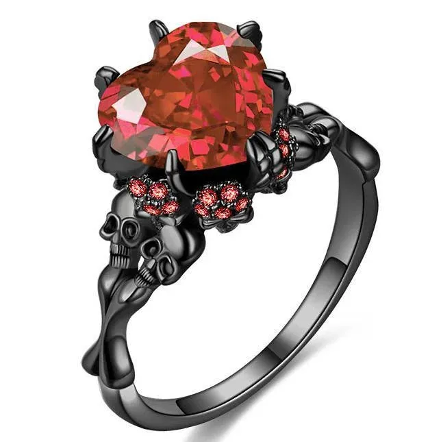 Gothic Skull Double Skull Ring with Heart-Shaped Red Crystal – Black Vampire Jewelry