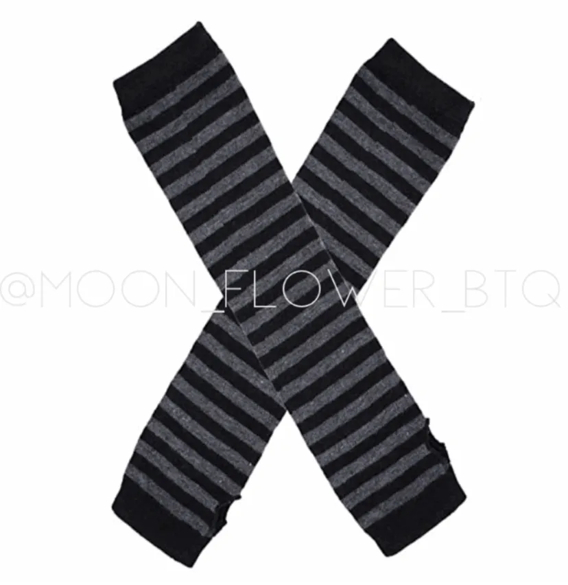 Gray Black Striped Long Fingerless Gloves Arm Warmers