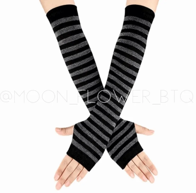 Gray Black Striped Long Fingerless Gloves Arm Warmers