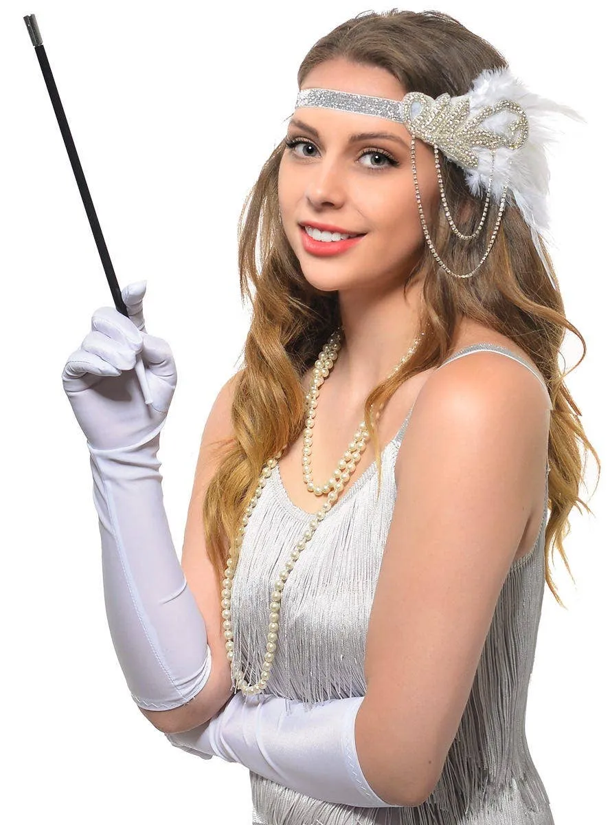 Great Gatsby White Chain Headband 4 Piece Accessory Set