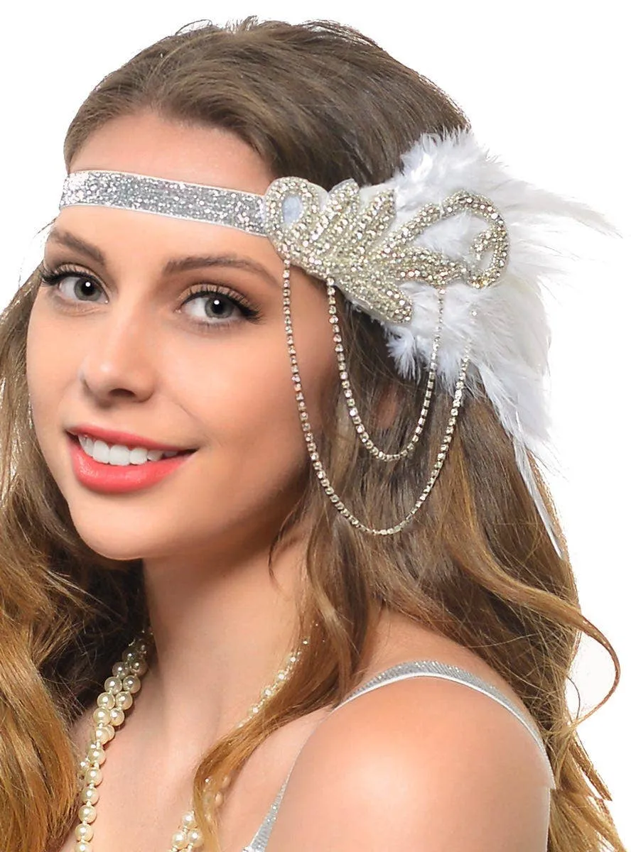 Great Gatsby White Chain Headband 4 Piece Accessory Set