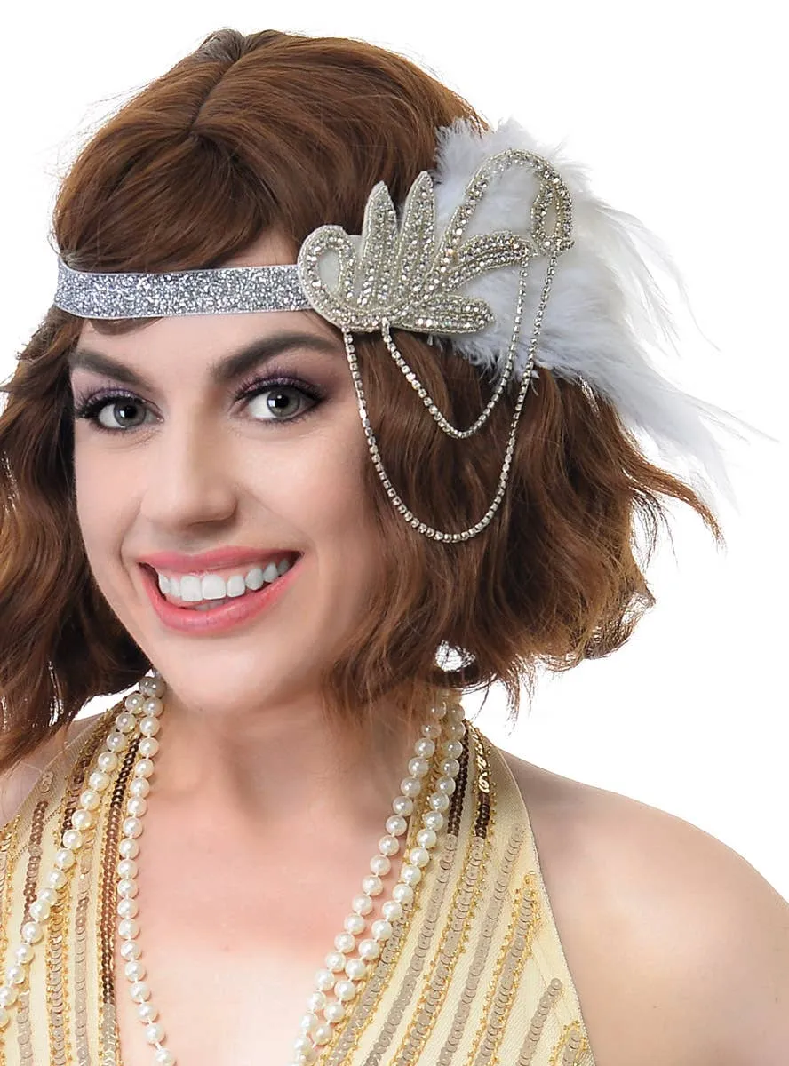 Great Gatsby White Chain Headband 4 Piece Accessory Set