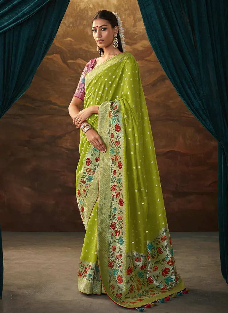 Green And Pink Floral Paithani Banarasi Dola Silk Saree