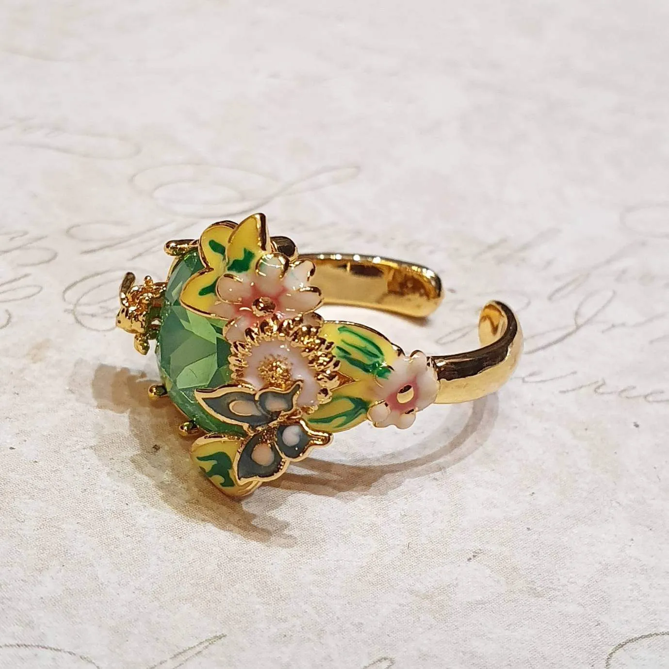 Green crystal Bee Flower Enamel Scenes of Nature Ring by Bill Skinner