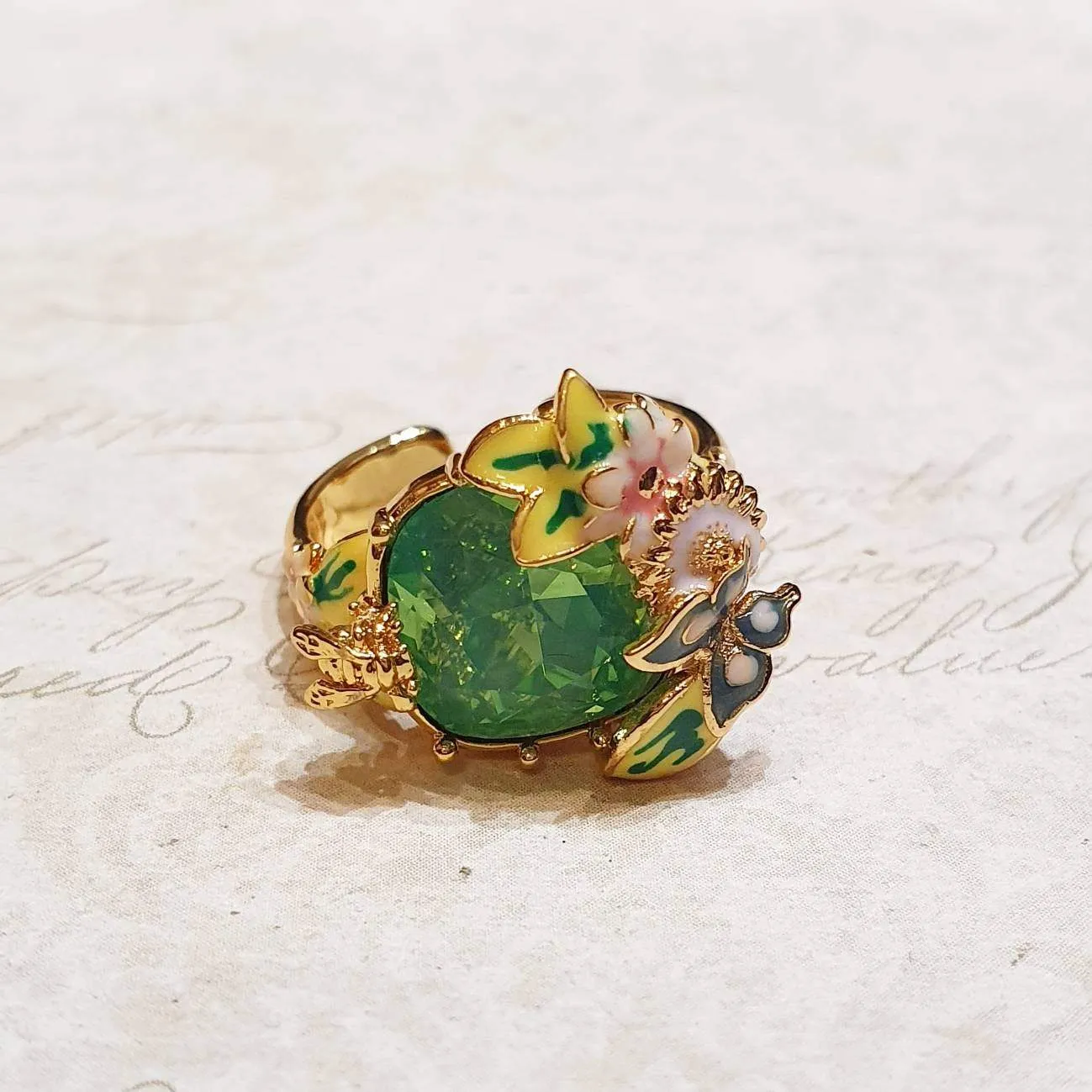 Green crystal Bee Flower Enamel Scenes of Nature Ring by Bill Skinner