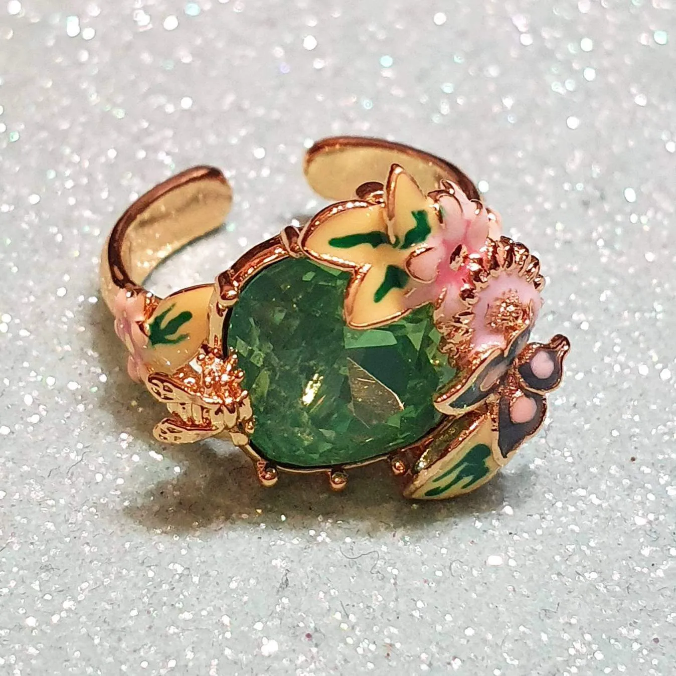 Green crystal Bee Flower Enamel Scenes of Nature Ring by Bill Skinner