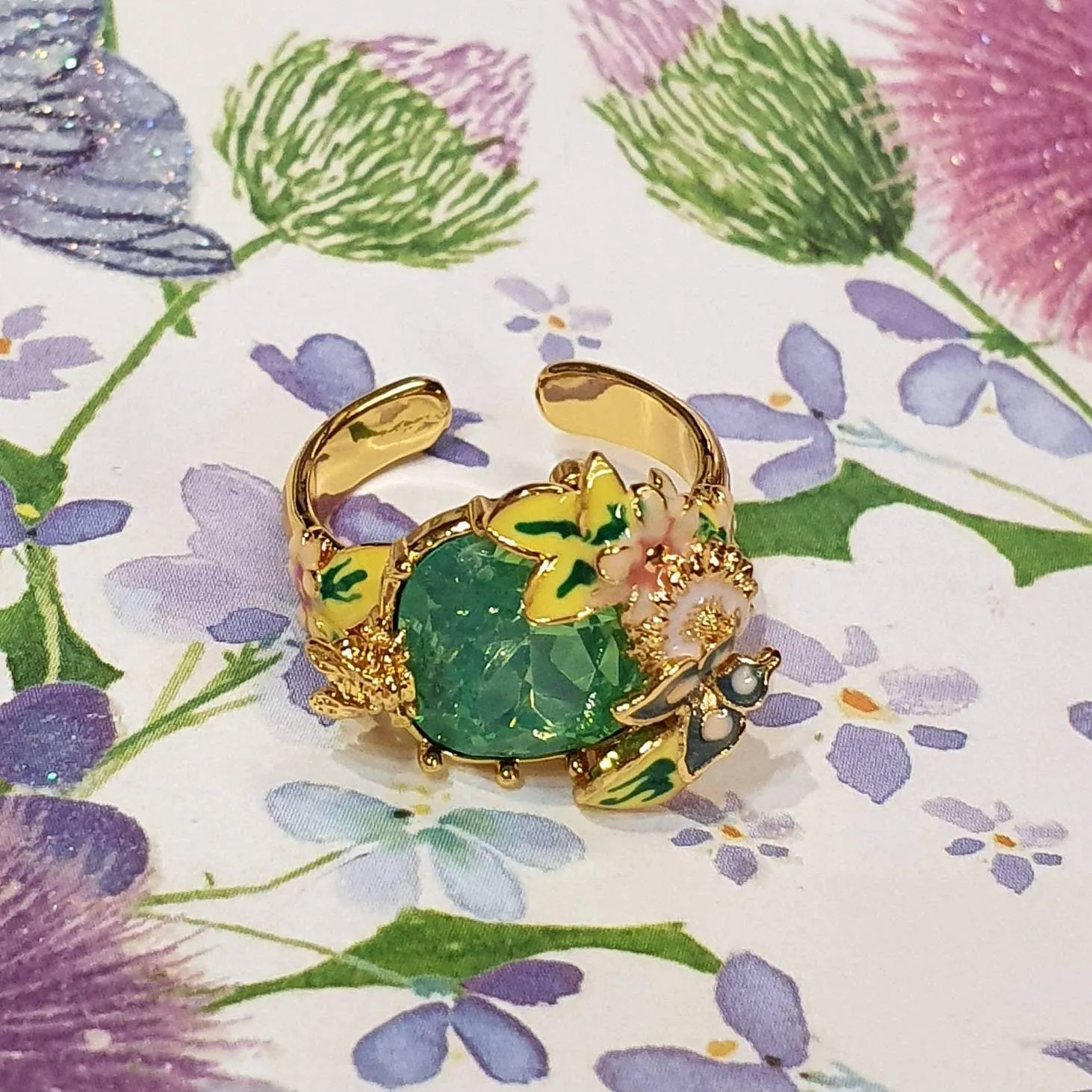 Green crystal Bee Flower Enamel Scenes of Nature Ring by Bill Skinner