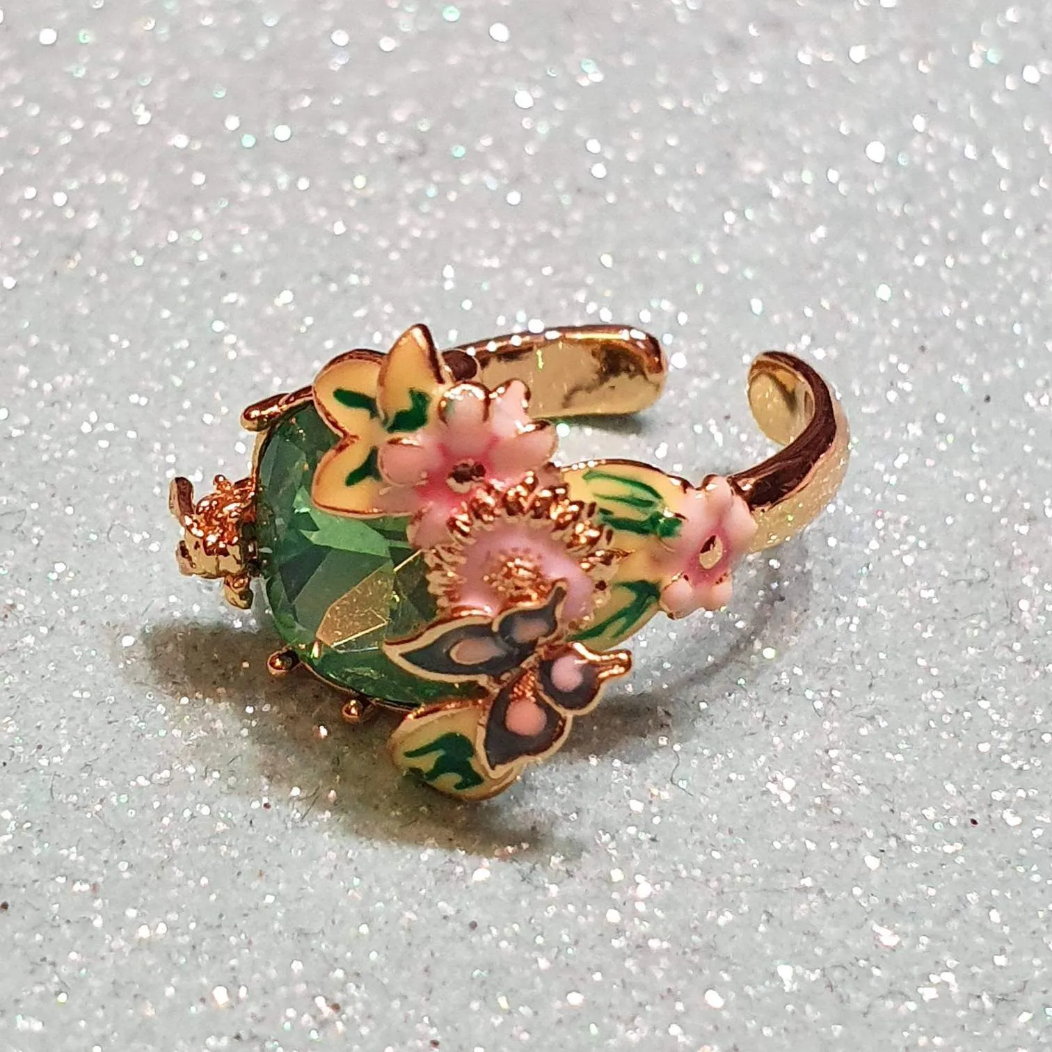 Green crystal Bee Flower Enamel Scenes of Nature Ring by Bill Skinner