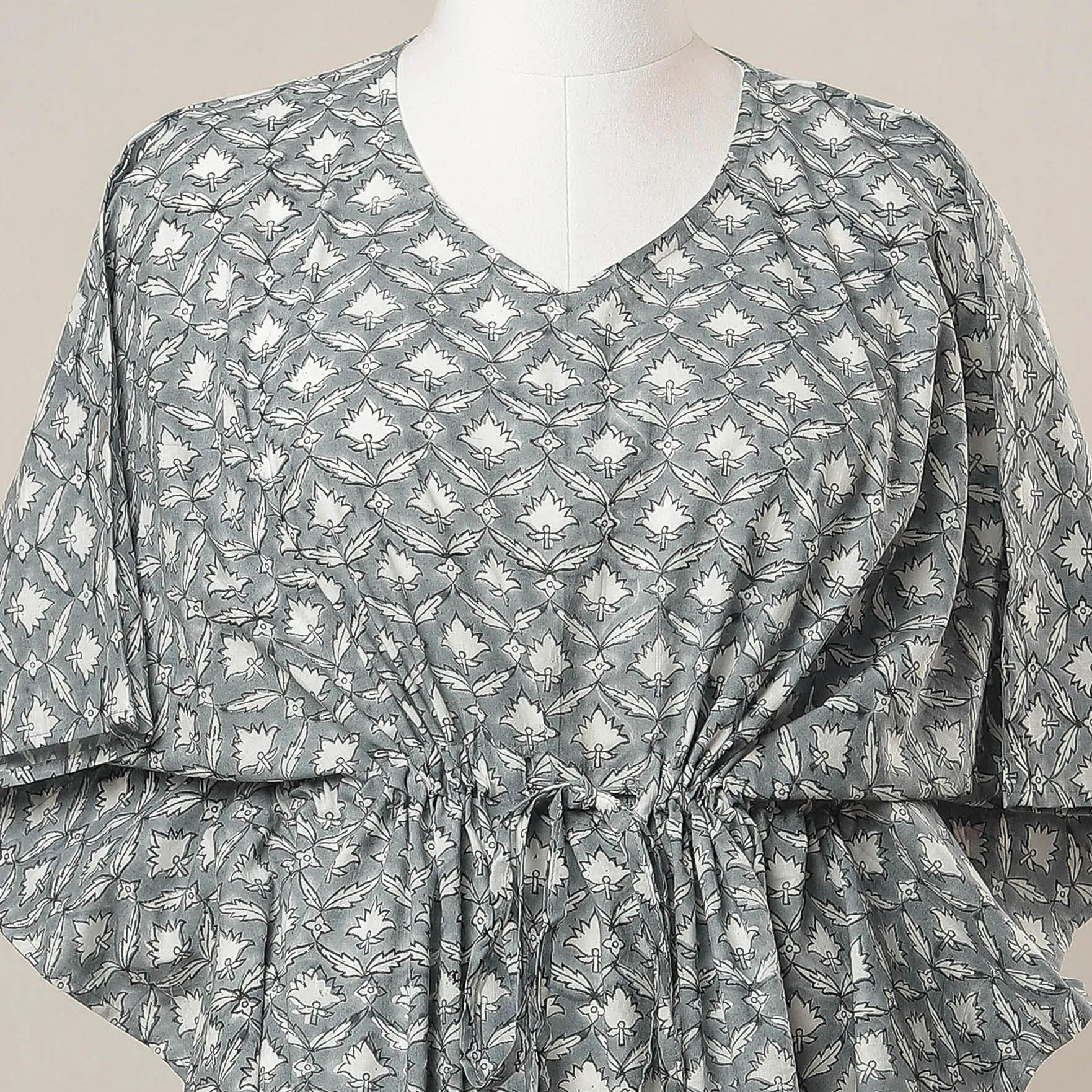 Grey - Sanganeri Printed Cotton Knee Length Kaftan Dress