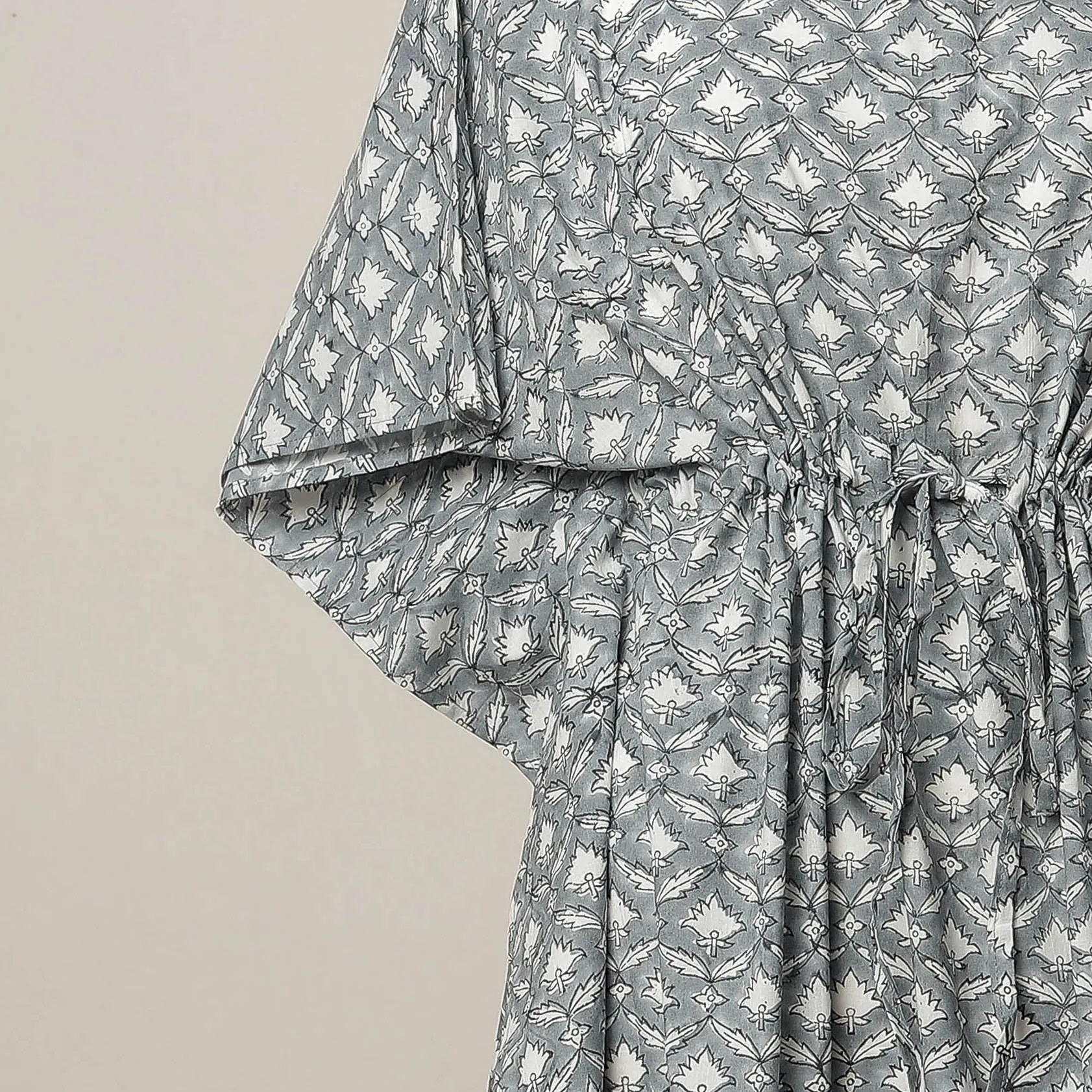 Grey - Sanganeri Printed Cotton Knee Length Kaftan Dress