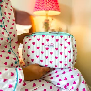 Handmade Quilted Block Print Wash Bag | Pink Hearts