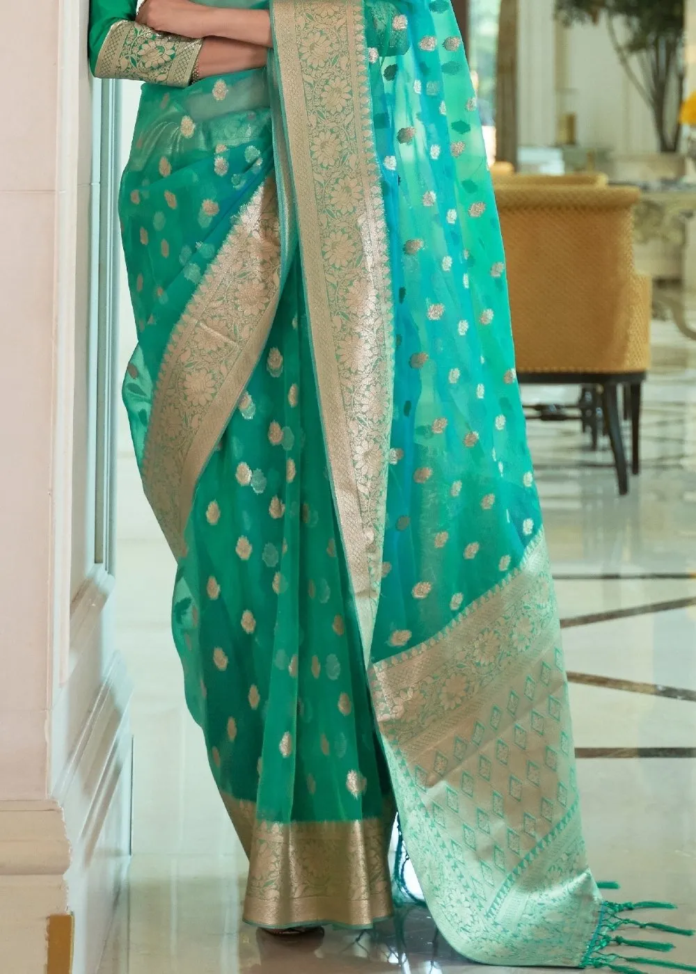 Jungle Green Zari Woven Organza Silk Saree