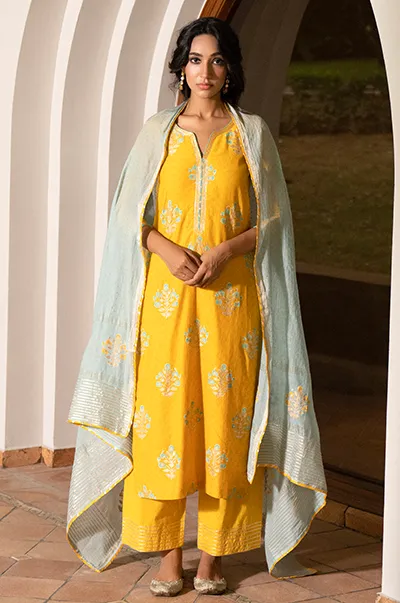 Kalista Yellow Floral print Kurta with Palazzo and Dupatta- Set of 3