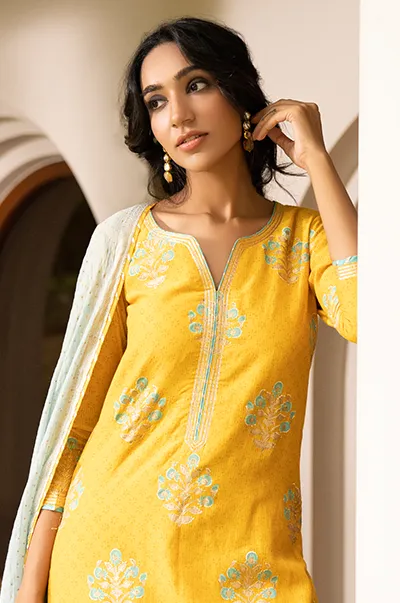 Kalista Yellow Floral print Kurta with Palazzo and Dupatta- Set of 3