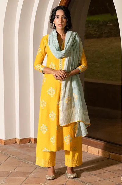 Kalista Yellow Floral print Kurta with Palazzo and Dupatta- Set of 3