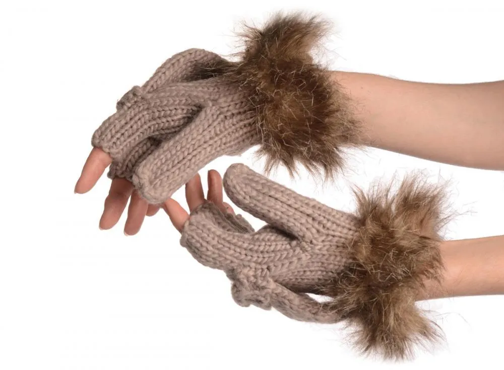 Knitted Beige Grey Fingerless Flip Gloves With Faux Fur