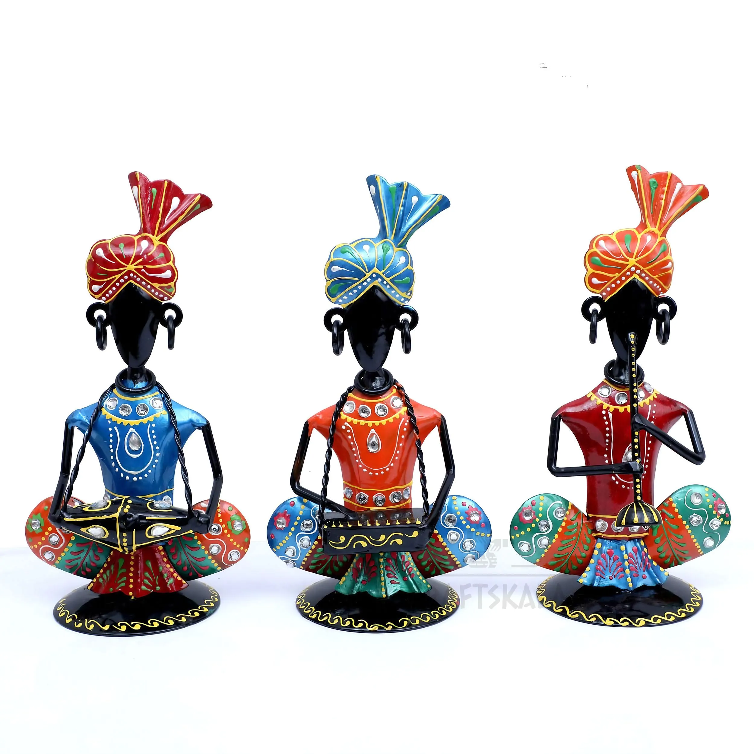 KRAFTSKALA Rajasthani Musicians Showpiece Set of 3 Tribal Musicians Iron Statue Table Decoration Item for Living Room, Home, Office, Gifts