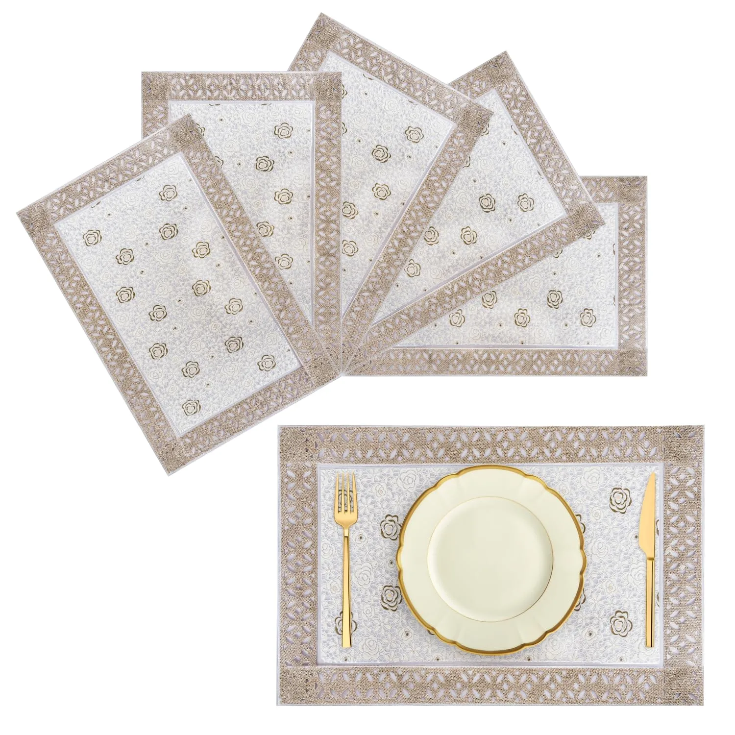 Kuber Industries Placemat | Placemats for Dining Room | Desginer Table Mat Set | Placemats for Kitchen Table | Dining Table Mats | Gulab Maiva Placemat | 6 Piece Set | Cream