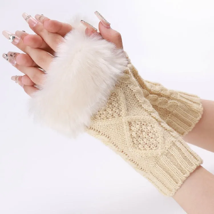 Ladies Short Type Furry Gloves Diamond Knit Warm Fingerless Arm Sleeves(Beige)