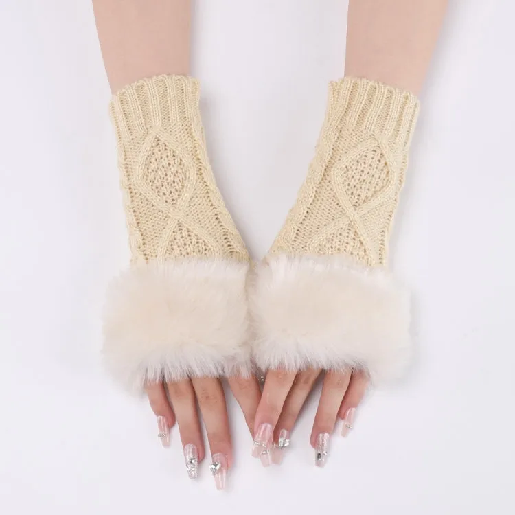 Ladies Short Type Furry Gloves Diamond Knit Warm Fingerless Arm Sleeves(Beige)