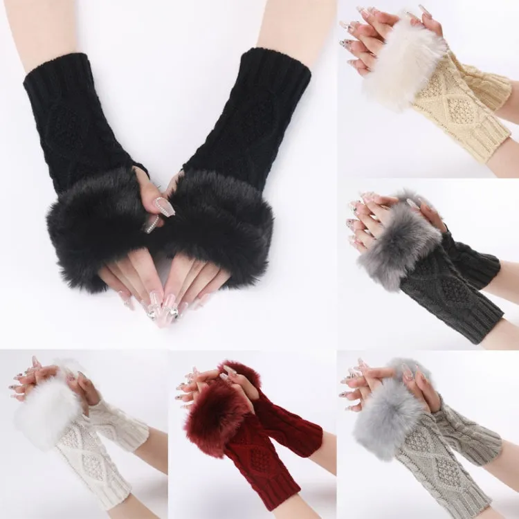 Ladies Short Type Furry Gloves Diamond Knit Warm Fingerless Arm Sleeves(Beige)