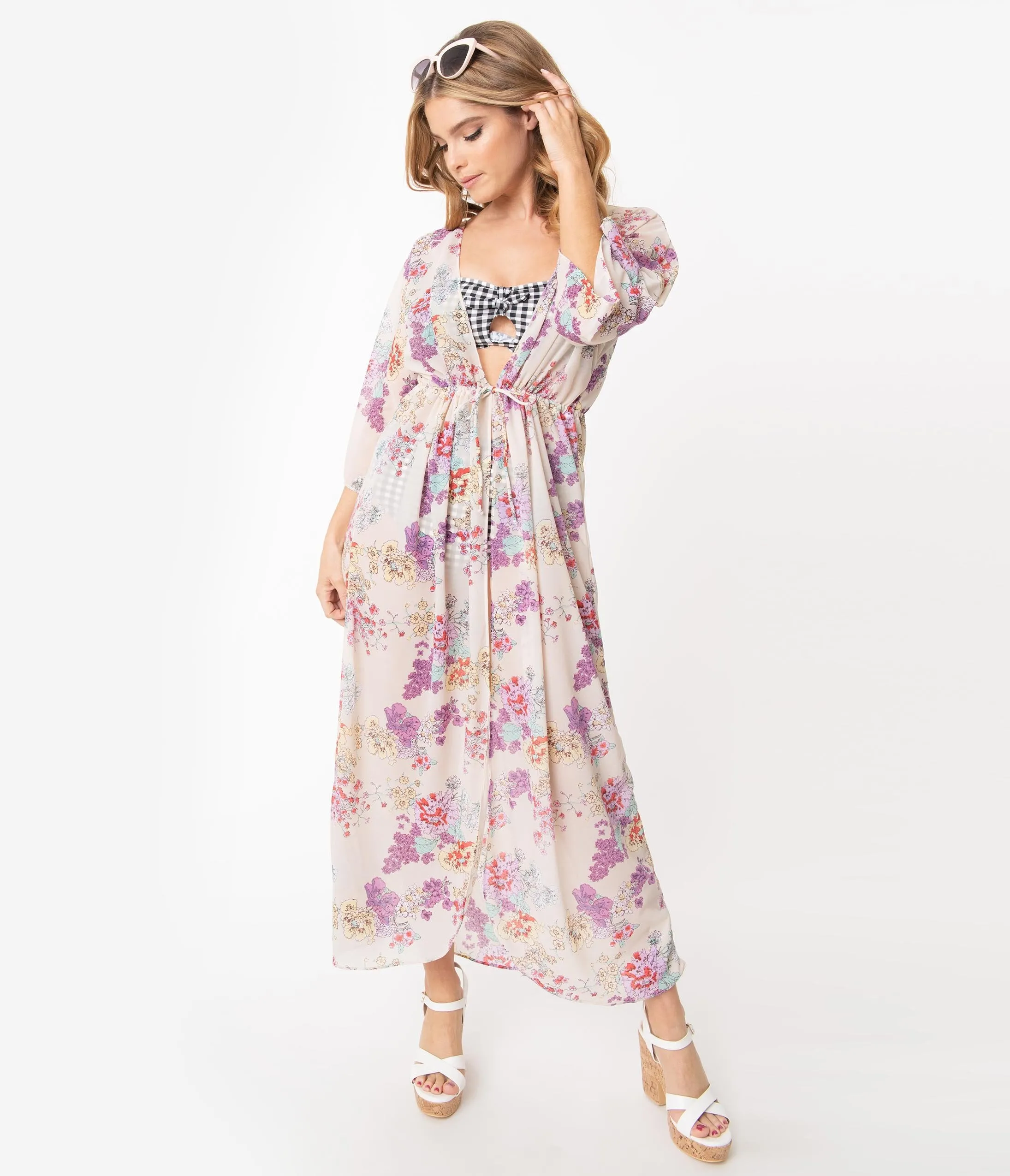 Light Beige & Purple Floral Kimono Swim Cover Up