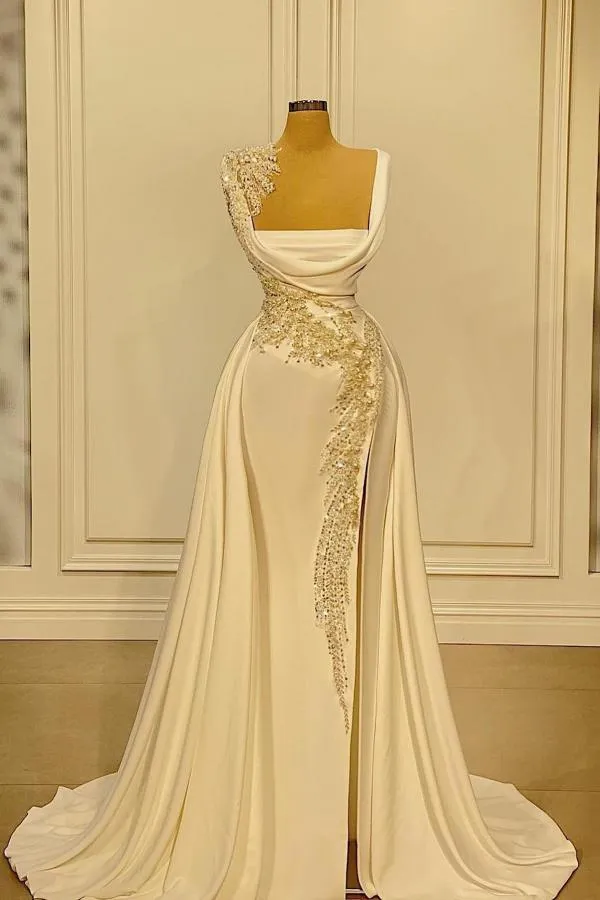 Long A-Line Square Neckline Satin Ivory Prom Dress With Slit