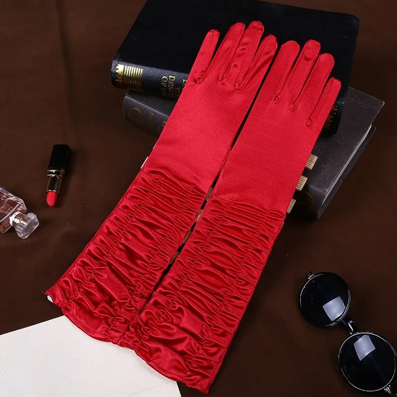 Long Satin Elastic Etiquette Gloves Full Finger Driving Glove