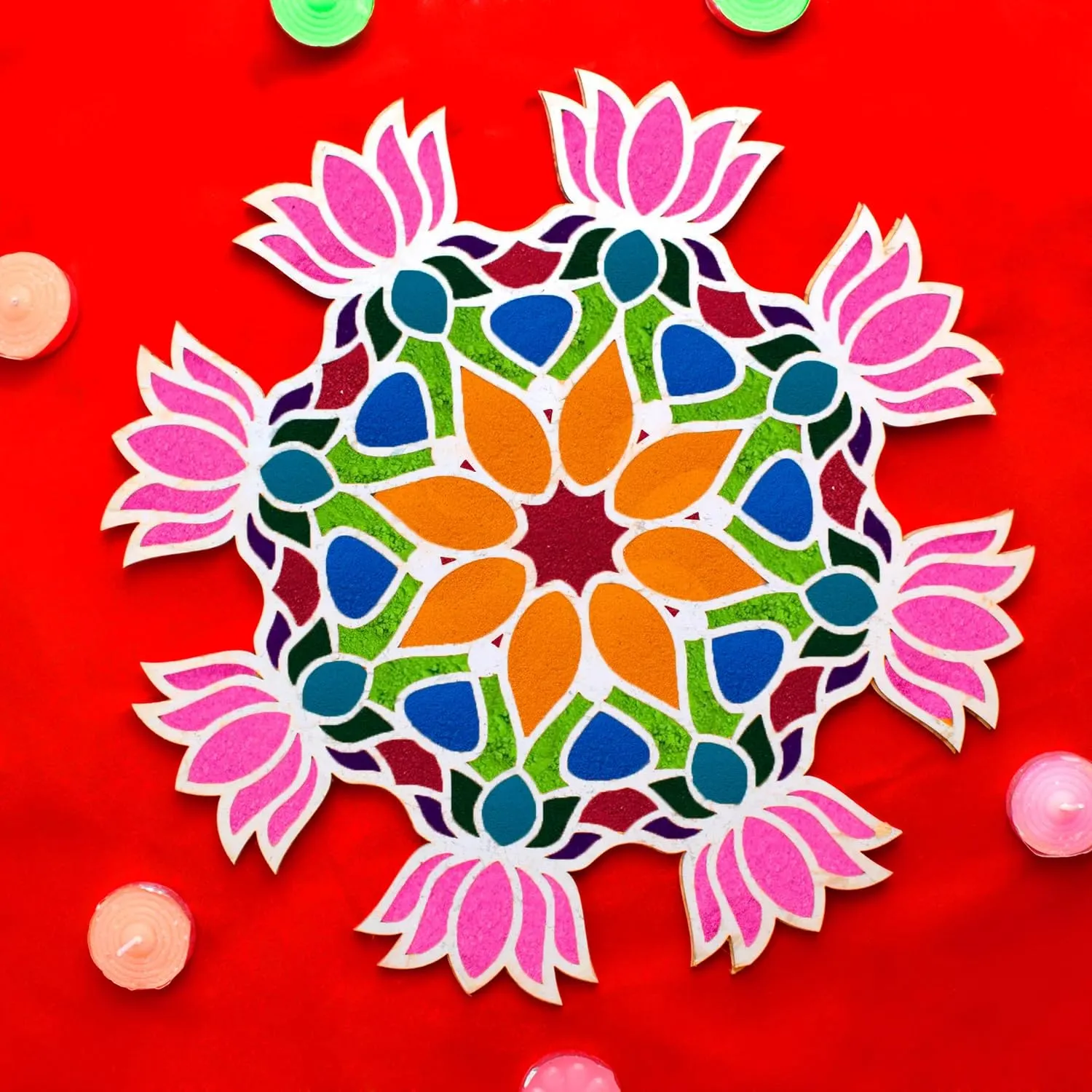 lotus flower Design Traditional MDF Wooden Mat Reusable Portable Rangoli Stencils Template Mat Readymade Rangoli Craft Just Fill with Rangoli or Petals Traditional Door Entrance Floor Pooja Room Mandir Diwali Decoration Items-12 Inch