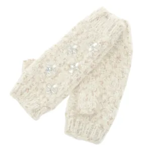 Maddie Womens Ivory Fingerless Mitten Gloves With Jewels