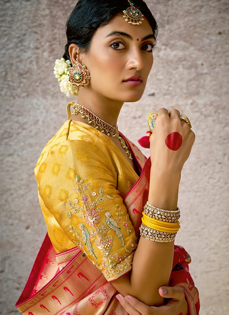 Magenta And Yellow Floral Kora Banarasi Silk Saree