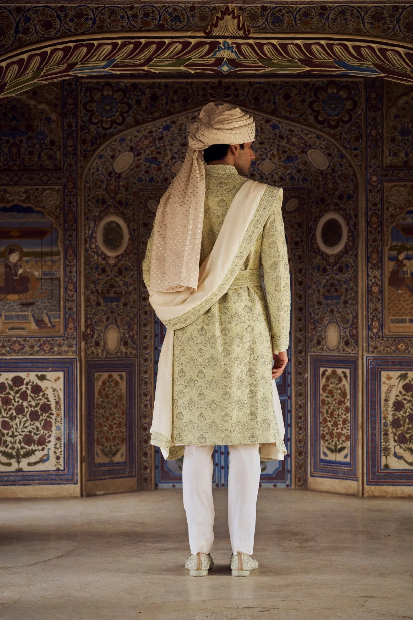 MINT GREEN RAW SILK SHERWANI WITH IVORY KURTA AND TROUSER