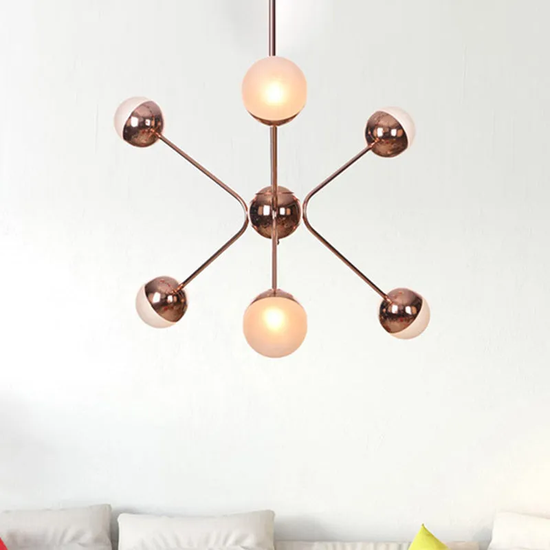 Modern 6-Light Rose Gold LED Chandelier for Bedroom with Modo Amber Glass Shades