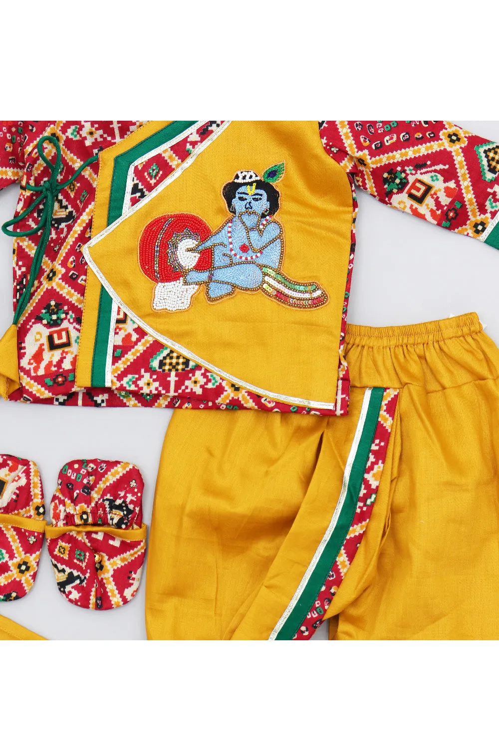 Mustard Yellow And Red Krishna Embroidered Cotton Jamna Set